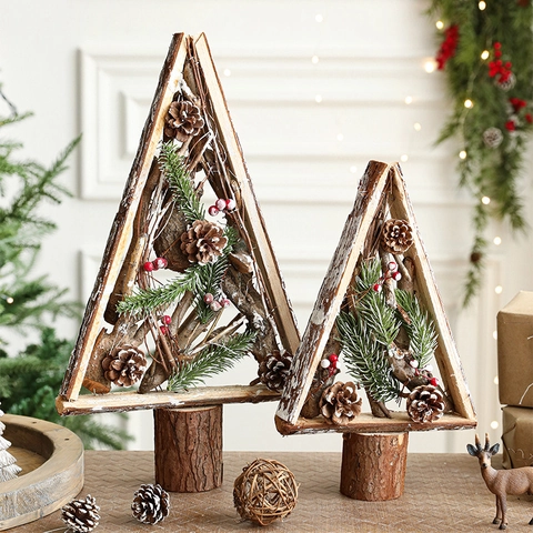 Weihnachtsbaum Tischdeko Holz Dreieckiger Rahmen Mit Tannenzapfen Beeren Nordische Rustikale Feiertagsdeko