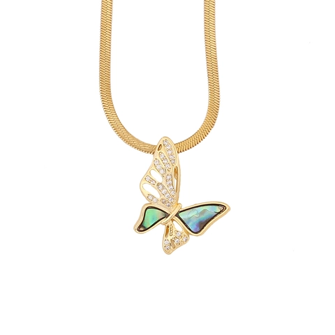 Butterfly Pendant Necklace Abalone Shell Heart Rose Gold Plated Stainless Steel Herringbone Chain Zircon Jewelry Women