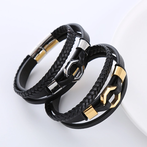 Bracciale Uomo Pelle Multistrato Acciaio Inossidabile 304 Dado Esagonale Corda Intrecciata Chiusura Magnetica Industriale