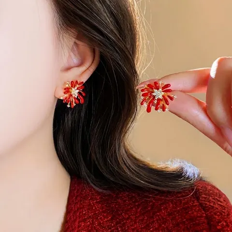 Fireworks Flower Stud Earrings Alloy Enamel Zircon With 925 Sterling Silver Earring Post Retro French Luxury Elegant For Women