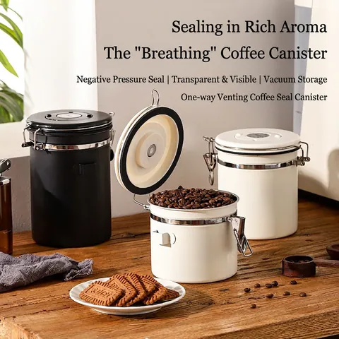 Stainless Steel Airtight Coffee Canister With Date Tracker And Spoon Exhaust Valve Kitchen Food Storage Jar