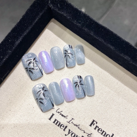 Handmade Press On Nails Cat Eye Aurora Ripple Coconut Tree Pattern Long Square Elegant Manicure