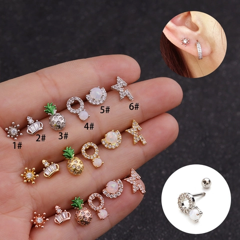 Screw Back Stud Earrings With Stainless Steel Earring Post Cubic Zirconia Pineapple Star Moon Crown Heart Piercing Jewelry