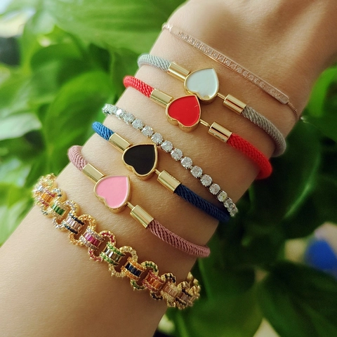 Adjustable Braided Rope Bracelet With Copper Heart Pendant Colorful Enamel Charm Jewelry For Women Men