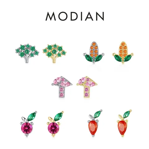 925 Sterling Silver Stud Earrings Tiny Colored Cubic Zirconia Fruit Vegetable Mushroom Tree Cute Jewelry For Women Girls