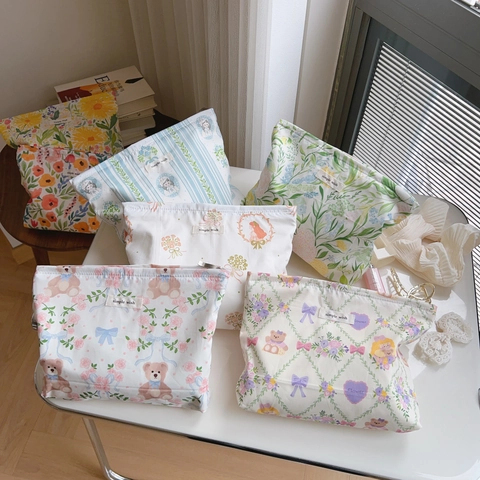 Trousse De Maquillage En Coton Floral Pochette Zippée Sac À Main Portable Organisateur Style Français Pour Femmes
