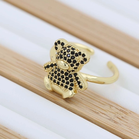 Simpatico Anello Aperto a Forma di Orso Seduto per Donne Ragazze con Zirconia Intarsiata Placcato Oro Anello Regolabile