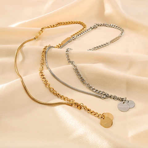Collier À Pendentif Rond Good Luck Acier Inoxydable Plaqué Or 18K Chaîne Serpent Et Maille Gourmette Style Français Femmes