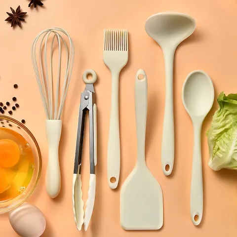 Utensilios Cocina Silicona Resistente Calor Antiadherente Espátula Batidor Pinzas Cuchara Pincel Blanco Crema