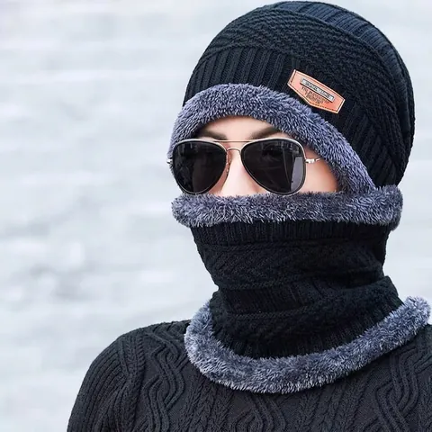Men Winter Warm Knit Beanie Hat And Neck Scarf Set Fleece Lined Thermal Skull Cap Snood Outdoor Windproof Hat Set