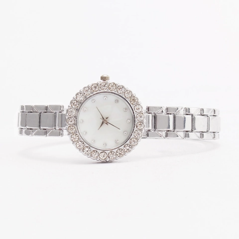 Women's Quartz Watch With Rhinestone Bezel Mother Of Artificial Pearl Dial Metal Strap Fashion Elegant Wristwatch