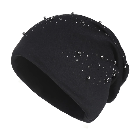 Women Knitted Beanie Hat With Rhinestone Metal Beads Winter Warm Windproof Outdoor Casual Slouchy Cap For Ladies