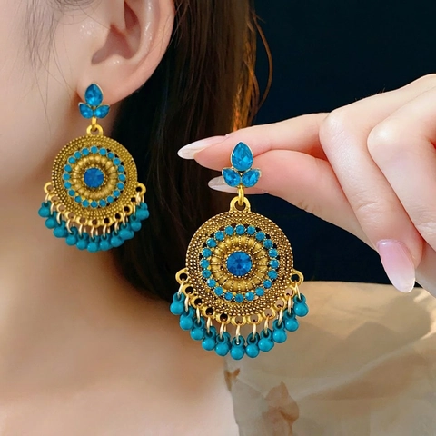 Pendientes Jhumka Bohemios Vintage Aleación Strass Perla Artificial Borla Étnico Calado Con Poste De Acero