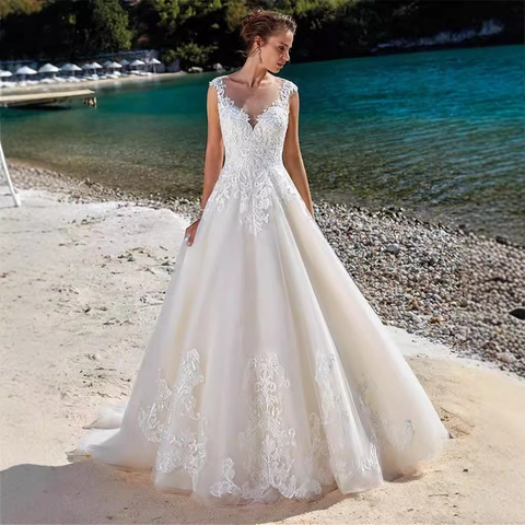 Elegant White Lace Wedding Dress V Neck Sleeveless A Line Bridal Gown With Tulle Small Train Open Back