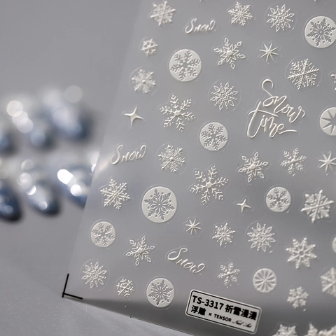 5D Embossed Snowflake Nail Stickers Self Adhesive Relief Winter White Decals For DIY Manicure Art Decoration