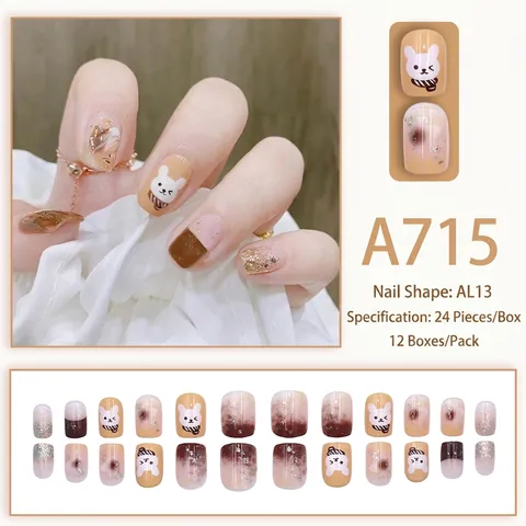 Unghie Finte Press On Design Coniglio Carino Cartone Animato Trama Marmo Foglia Oro Corte Quadrate Con Colla Per Donne