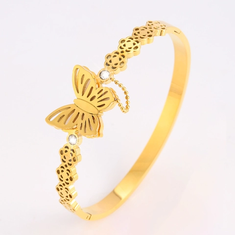 Luxe Roestvrijstalen Magnetische Vlinder Bloem Armreif Voor Dames Goud Verguld Strass Ingelegd Mode Sieraden