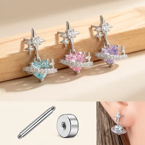 Orecchini Cartilagine Pianeta Cuore Acciaio Titanio Zircone Stella Chiusura A Vite Gioielli Piercing Per Donne