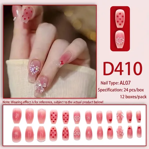Uñas Postizas Press On Degradado Rosa Forma Ataúd Larga Con Lazo 3D Y Corazón De Diamantes Puntos Rojos Estilo Dulce