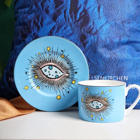 Nordic Ceramic Coffee Cup And Saucer Eye Pattern Porcelain Tea Cup With Gold Trim For Home Office Afternoon Tea