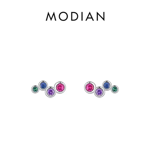 Colorful Round Zirconia 925 Sterling Silver Stud Earrings Curved Row Gradient Minimalist Jewelry For Women