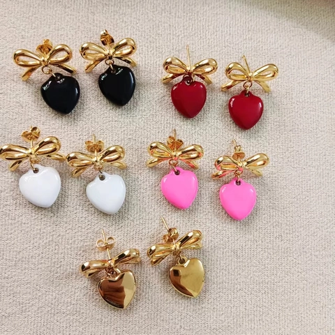 Franse Elegante 18K Vergulde Roestvrijstalen Hart Hanger Oorbellen Voor Dames Romantische Strik Ontwerp Sieraden Cadeau