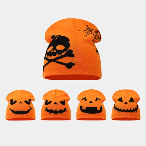 Berretto in Maglia con Zucca e Teschio di Halloween Acrilico Caldo Divertente Cappello Invernale per Uomo Donna Festa Jacquard