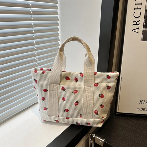 Women Cute Strawberry Print Corduroy Tote Handbag Casual Small Shoulder Bag Japanese Style Soft Ribbed Purse
