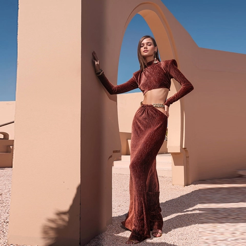 Haut Court À Manches Longues Et Jupe Longue Taille Haute Pour Femmes Polyester Plissé Chaîne Métallique Sexy Soirée