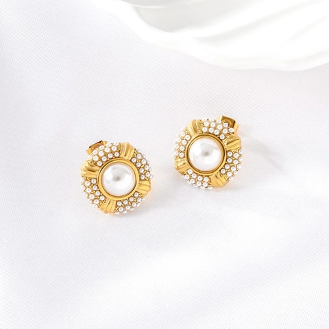 Orecchini a Bottone Tondi Vintage in Acciaio Inossidabile con Perle Artificiali per Donna Design a Girasole Placcato Oro 18K