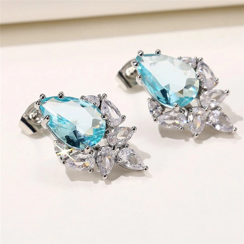 Elegant Pear Shaped Zirconia Stud Earrings Copper Floral Cluster Water Drop Jewelry For Women Luxury Gift