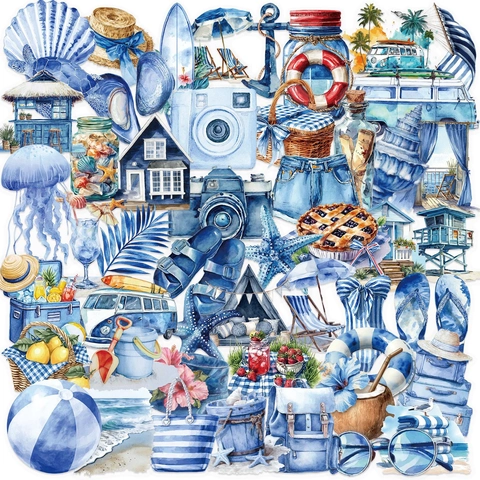 Estate Blu Spiaggia Impermeabile Estetica Oceano Mare Decorativo Adesivi Carino Acquerello Sticker Per Laptop Journal Scrapbook Chitarra