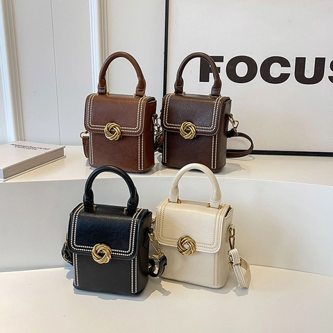 Women Retro Small Square Crossbody Bag PU Leather Top Handle Handbag Gold Knot Buckle Rivet Decor Adjustable Strap Phone Pouch