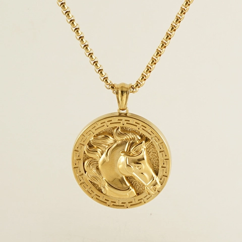 18K Gold Plated Stainless Steel Horse Head Relief Round Coin Pendant Necklace For Men Women Fashion Vintage Jewelry