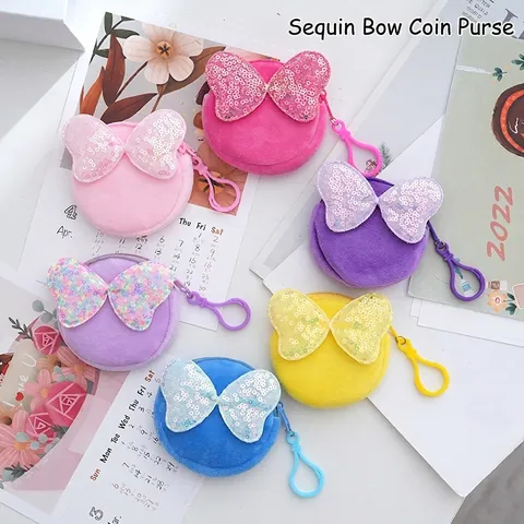 Round Plush Coin Purse With Large Sequin Bow Soft Small Wallet Keyring Hook Pouch For Girls Women Cute Candy Color