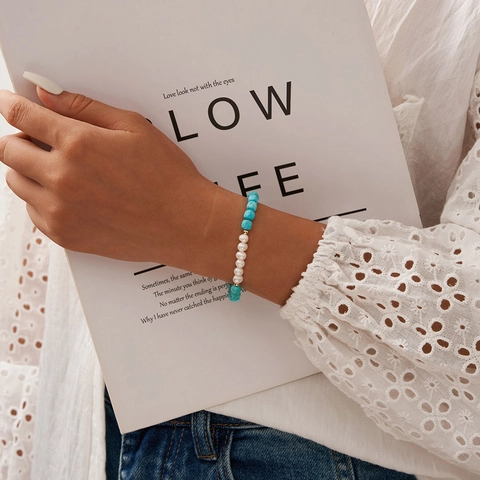 S925 Sterling Silver Natural Freshwater Pearl Turquoise Beaded Bracelet For Women 14K Gold Plated Handmade Jewelry Gift