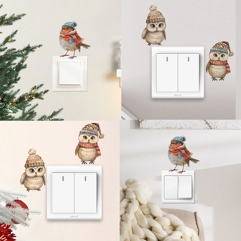Cartoon Wintervogel Lichtschalter Wandaufkleber PVC Selbstklebend Weihnachten Eule Rotkehlchen Deko