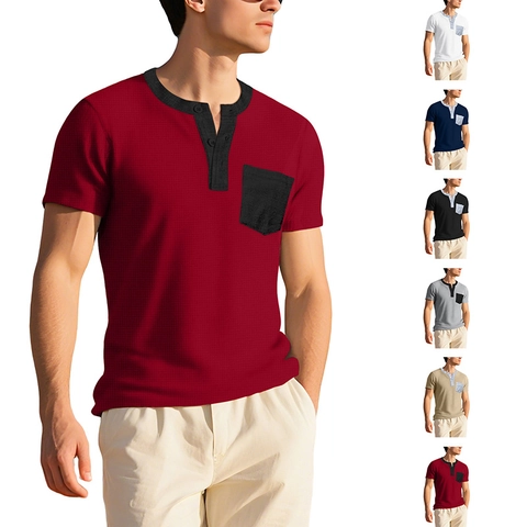Camicia Henley Da Uomo Manica Corta Maglia A Nido D'ape Traspirante Casual Estate Tee Con Tasca Applicata Moda
