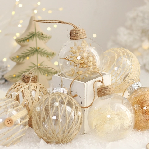 Palle Di Natale Trasparenti In PET Con Fiori Secchi E Corda Di Canapa Addobbi Natalizi Naturali Rustici Da Appendere