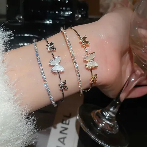 Korean Butterfly Flower Bracelet Bangle Set Double Layer Copper White Shell Zirconia Elegant Women Jewelry Accessories