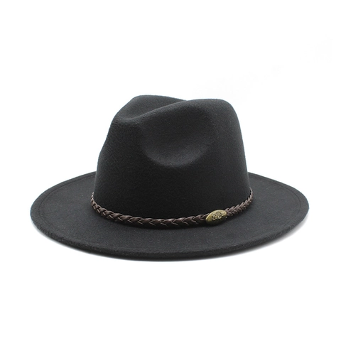 Vintage Fedora Hat Men Women Woolen Felt Wide Brim Jazz Cap Braided Leather Belt Metal Buckle Retro British Style