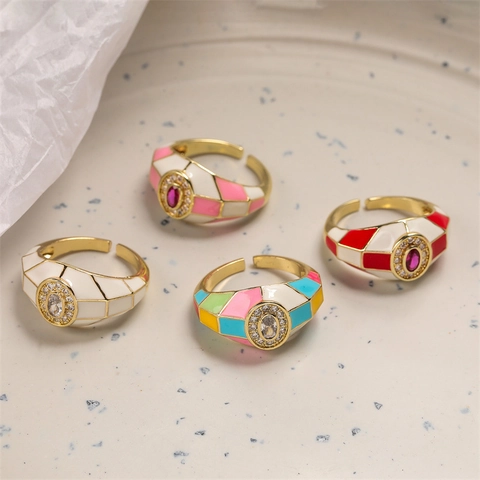 Fashion Enamel Open Ring Copper 18K Gold Plated Adjustable Oval Zircon Micro Pave Retro Checkerboard Geometric Jewelry