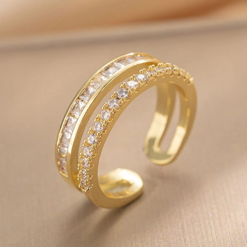 Fashion Double Layer Open Ring For Women Minimalist Copper Rhinestone Adjustable Finger Ring Geometric Ins Style Jewelry Gift