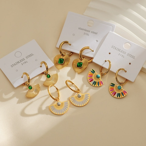 Hoop Earrings With Pendants 18K Gold Plated 316L Stainless Steel Vintage Enamel Heart Fan Fashion Jewelry For Women