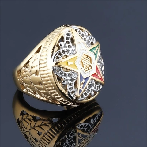 Eastern Star OES Ring Stainless Steel Colorful Enamel Pentagram Masonic Jewelry Vintage Hollow Out Design Signet Ring
