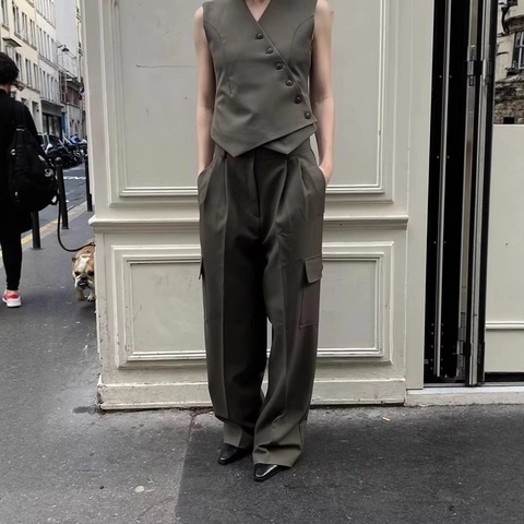 Chaleco Asimétrico Para Mujer Cuello En V Sin Mangas Con Botones Corte Ajustado Entallado Color Sólido Top
