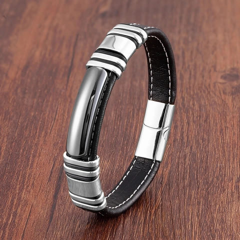Heren Armband Van Leer En Roestvrij Staal Gevlochten Koord Met Magneetsluiting Retro Punk Hip Hop Sieraden Voor Mannen