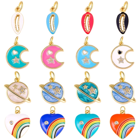 Emaille Koperen Bedeltjes Voor DIY Sieraden Maken Hart Maan Ster Planeet Schelp Zirkoon Verguld Sieraad Accessoire