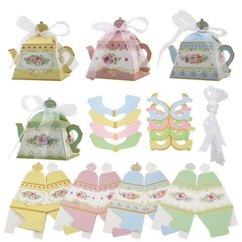 Teapot Shape Candy Gift Boxes Paper Floral Print Gold Accents With Organza Ribbon For Wedding Party Afternoon Tea
