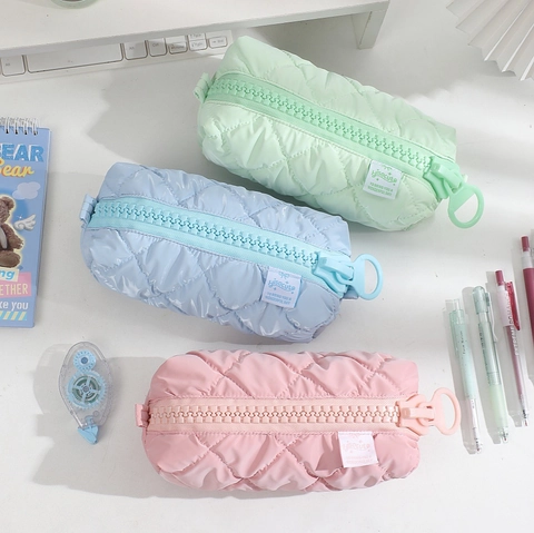 Large Capacity Quilted Diamond Lattice Pencil Case Korean Style Big Zipper Makeup Bag Portable Stationery Organizer Pouch For Students School Office